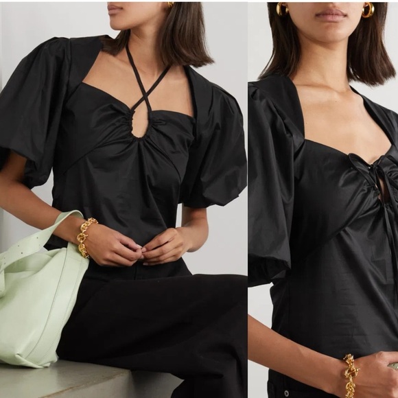 NWT FRAME Cutout Gathered Stretch-Cotton Sateen Blouse M - Picture 2 of 7